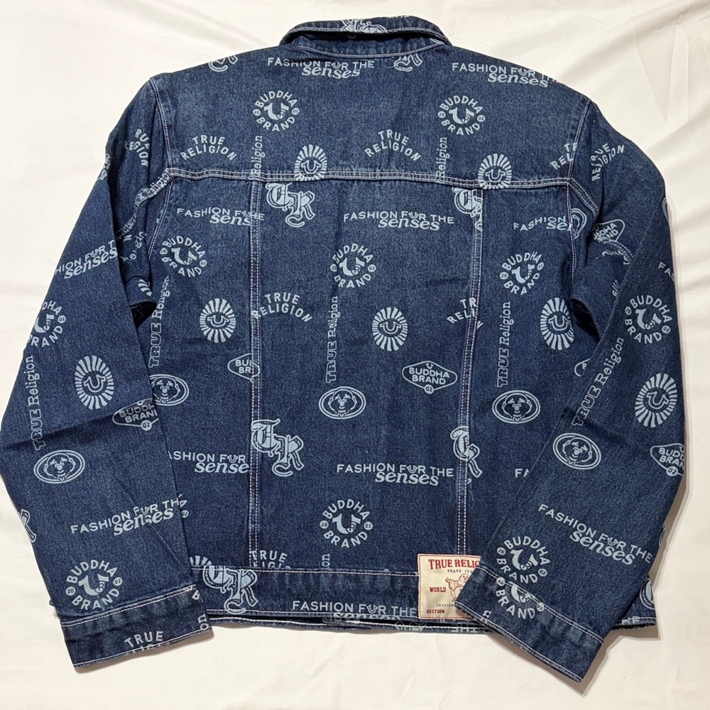 True Religion AOP Logo Denim SN Jacket Medium Rustic Barn Wash Size XL NWT - Picture 9 of 12